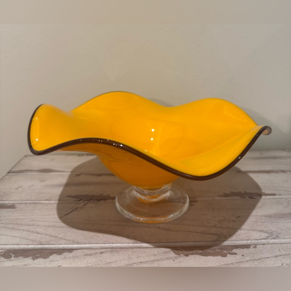 Compote Bowl Hand Blown Art Glass Orange Clear Pedestal Vintage Home Decor